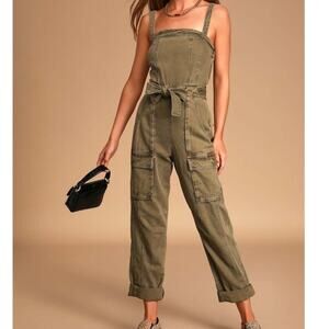 Free People FP Go West Olive Green Utility Cargo Denim Relaxed Leg Jumpsuit XS
